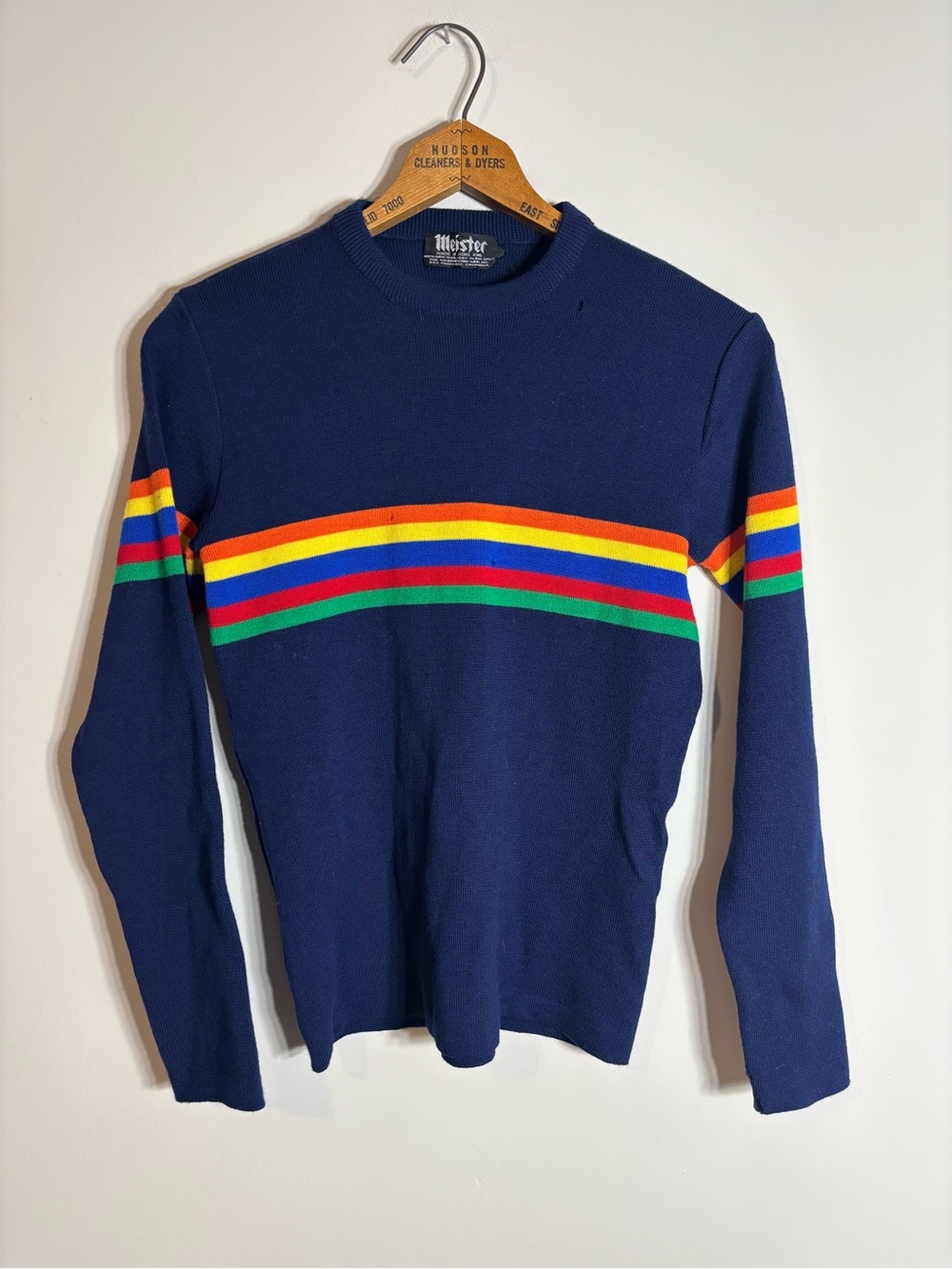 Vintage Meister Wool Ski Sweater Navy Blue Rainbow Stripe 70s